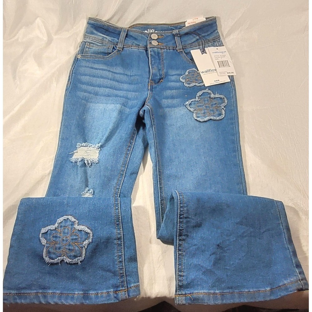 Wallflower Girl Distressed Patches Flared Jeans - Style 417158-BV - Sz 7 - Denim